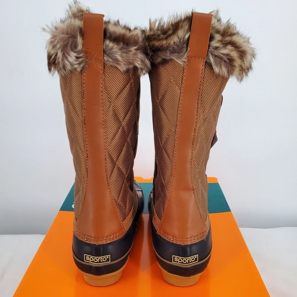 Sporto Deal Waterproof Duck Boots Women 9 M Tan Navy Faux Fur Trim Round Toe New